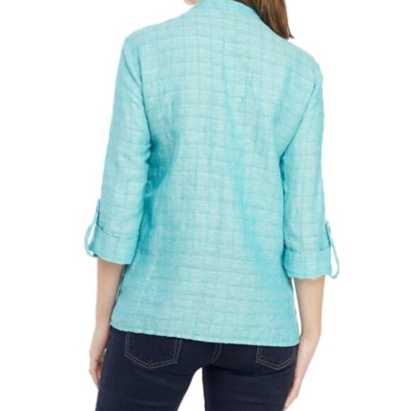 Kim Rogers Linen/Cotton 3/4 Sleeve Button Down Shirt Turquoise - Picture 12 of 14